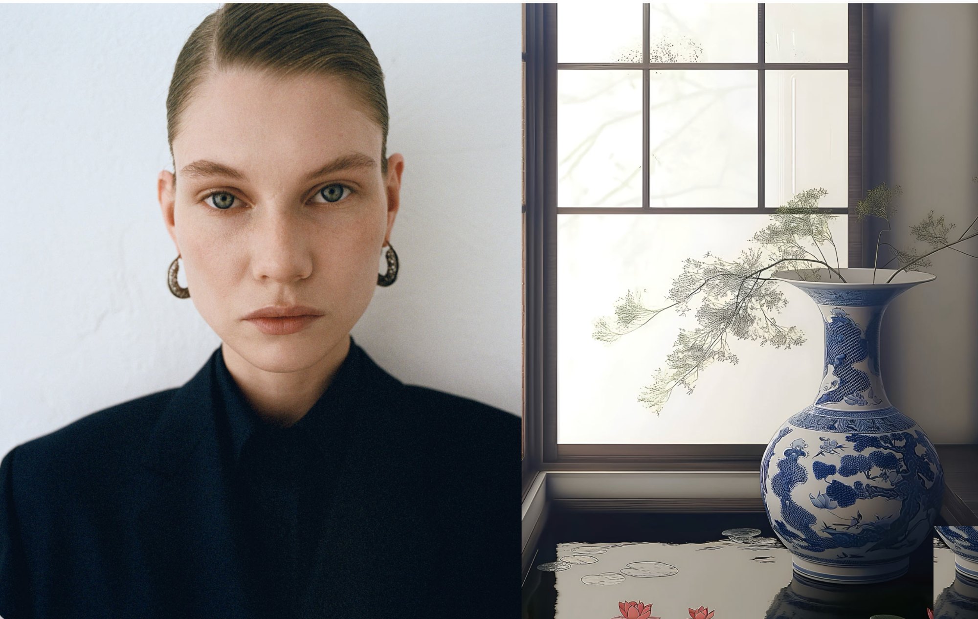 BABOCHKA — real portrait beside an AI-generated still with a porcelain vase