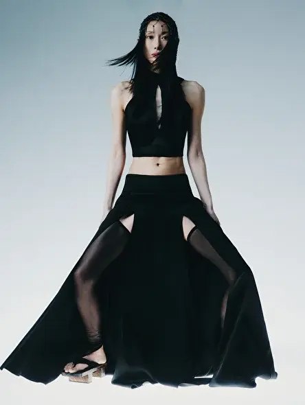 MIOGI LI — black halter top and full skirt with sheer panels