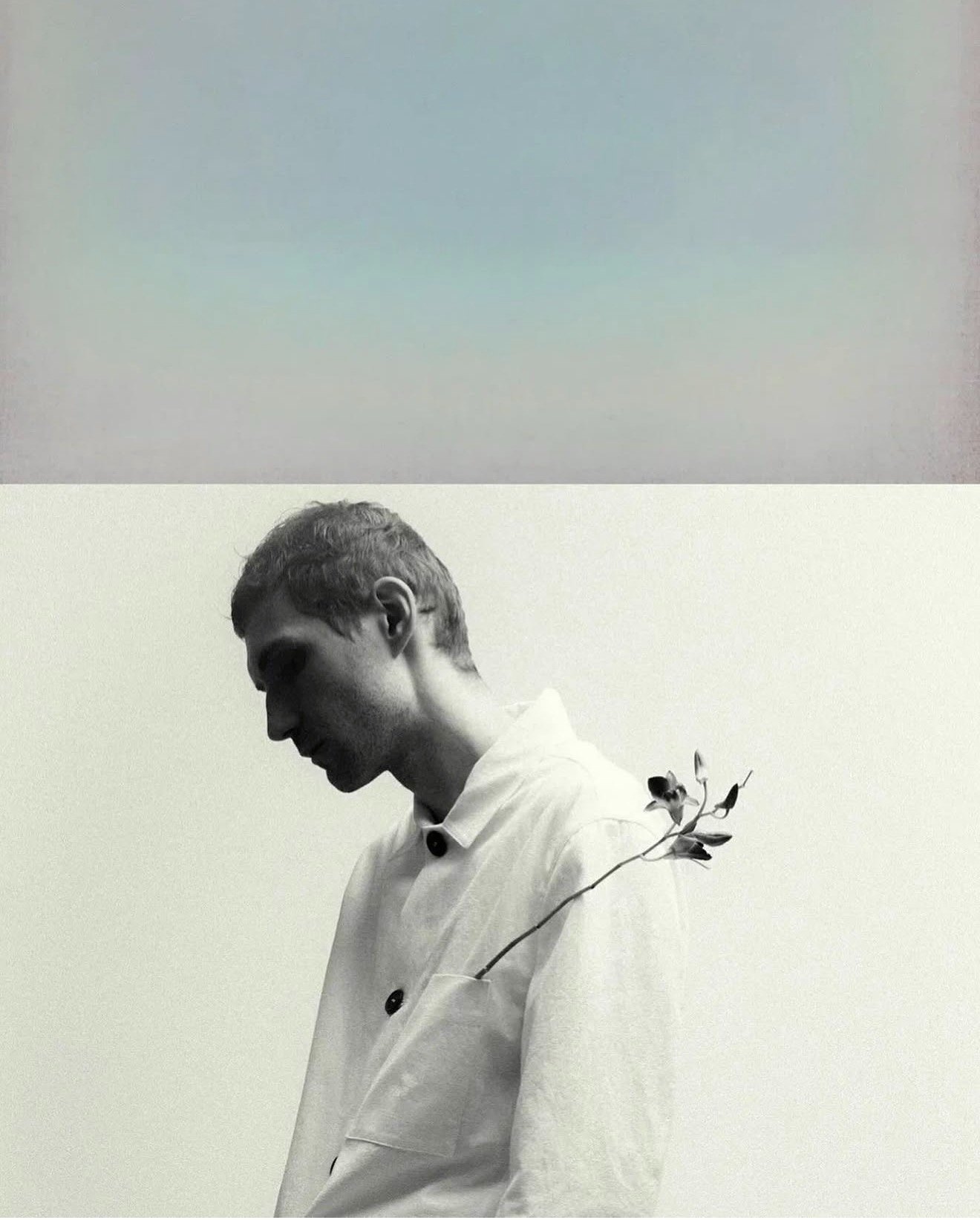 Portrait in white beneath a pale work from Almost Nothing